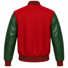 Red wool letterman jacket with green cowhide leather sleeves, back view