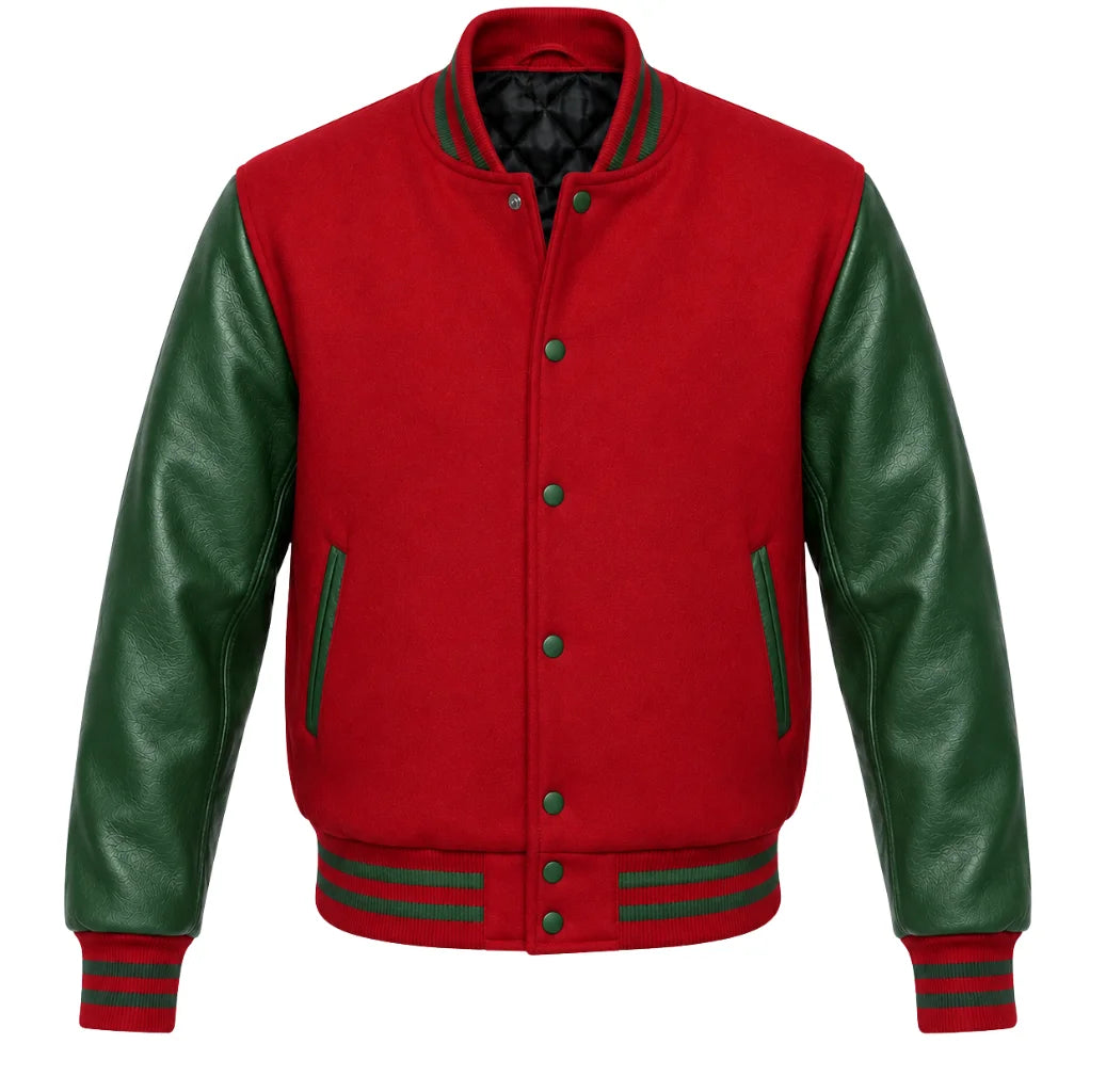 Red melton wool letterman jacket with green leather sleeves, front view