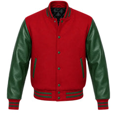 Red melton wool letterman jacket with green leather sleeves, front view