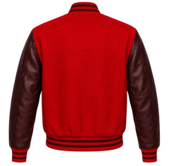 Red wool varsity jacket with maroon cowhide sleeves, back view