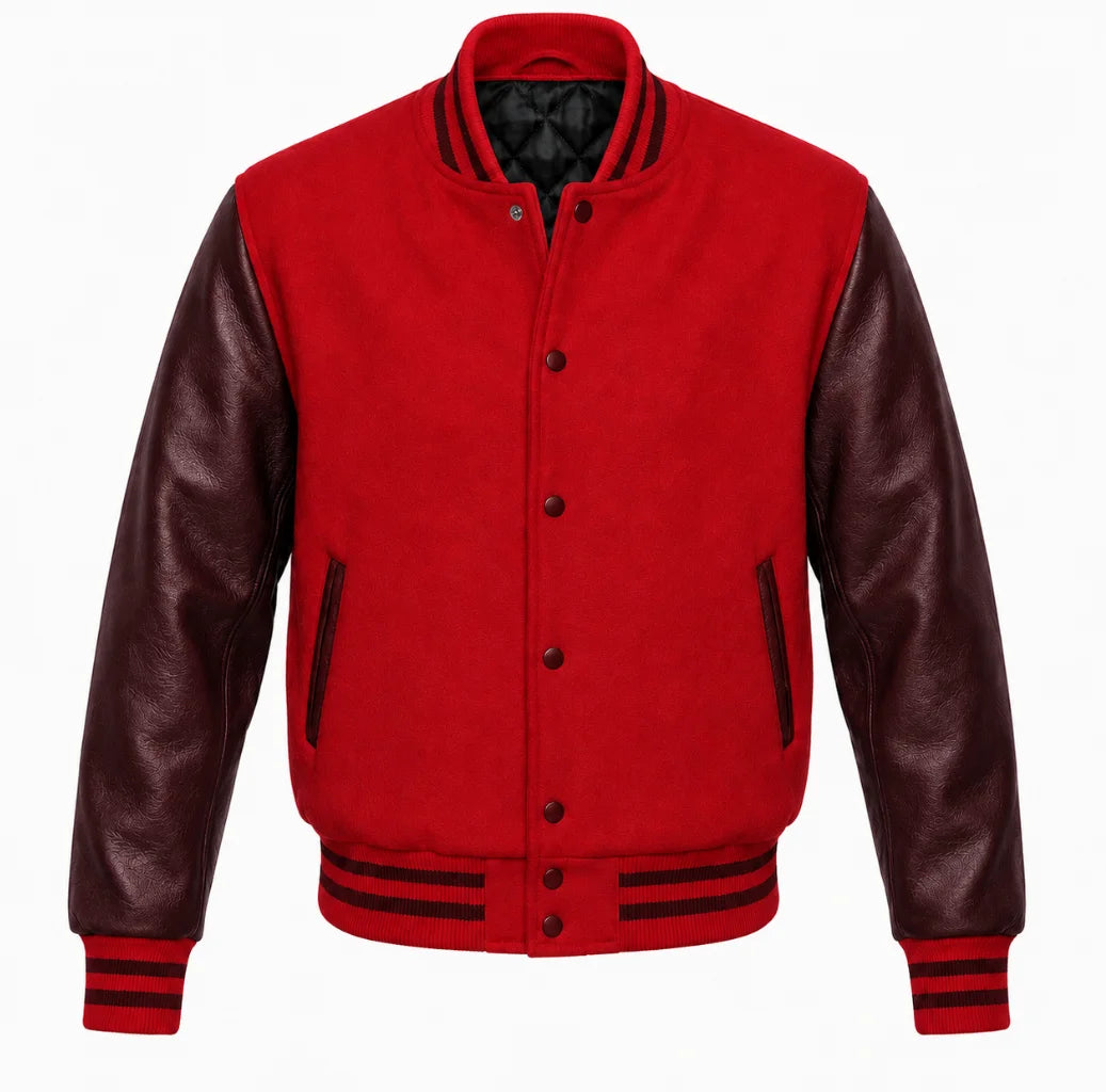 Red melton wool varsity jacket with maroon leather sleeves, front view