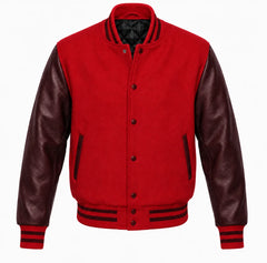 Red melton wool varsity jacket with maroon leather sleeves, front view