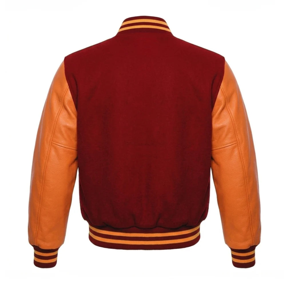 Red and Orange Varsity Jacket with Wool Body and Leather Sleeves Back Side