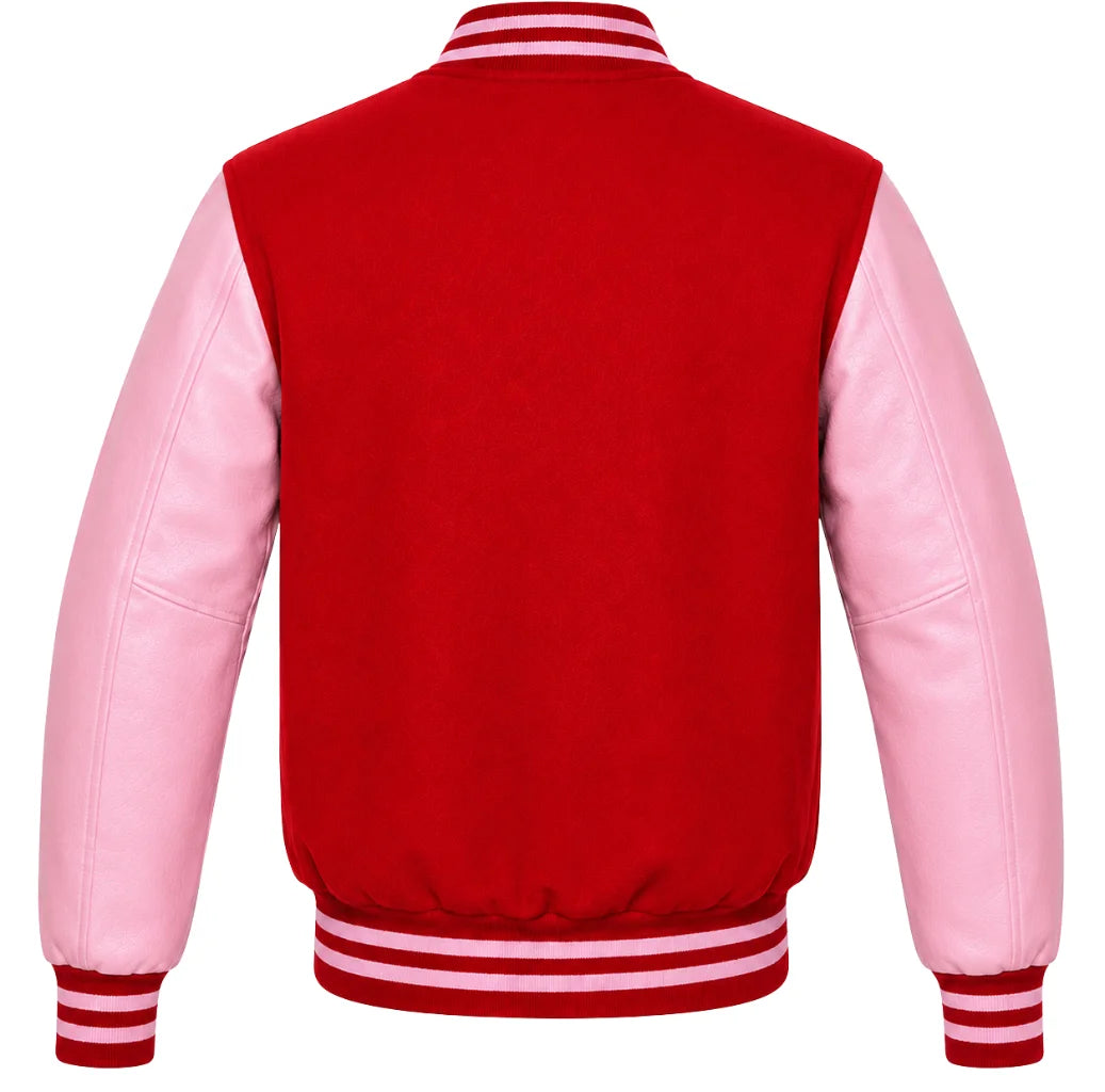 Red wool letterman jacket with pink cowhide sleeves, back view