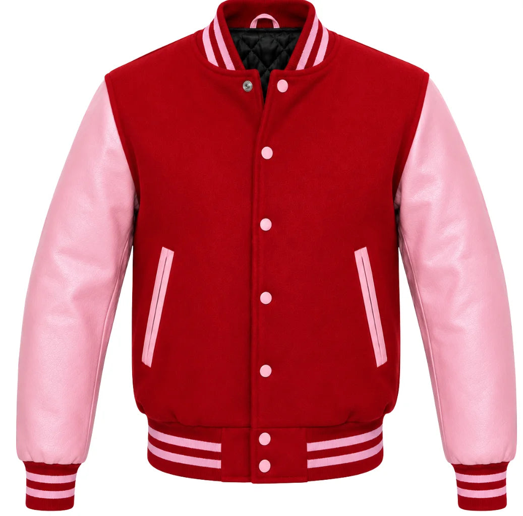 Red melton wool letterman jacket with pink leather sleeves, front view