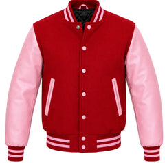Red melton wool letterman jacket with pink leather sleeves, front view