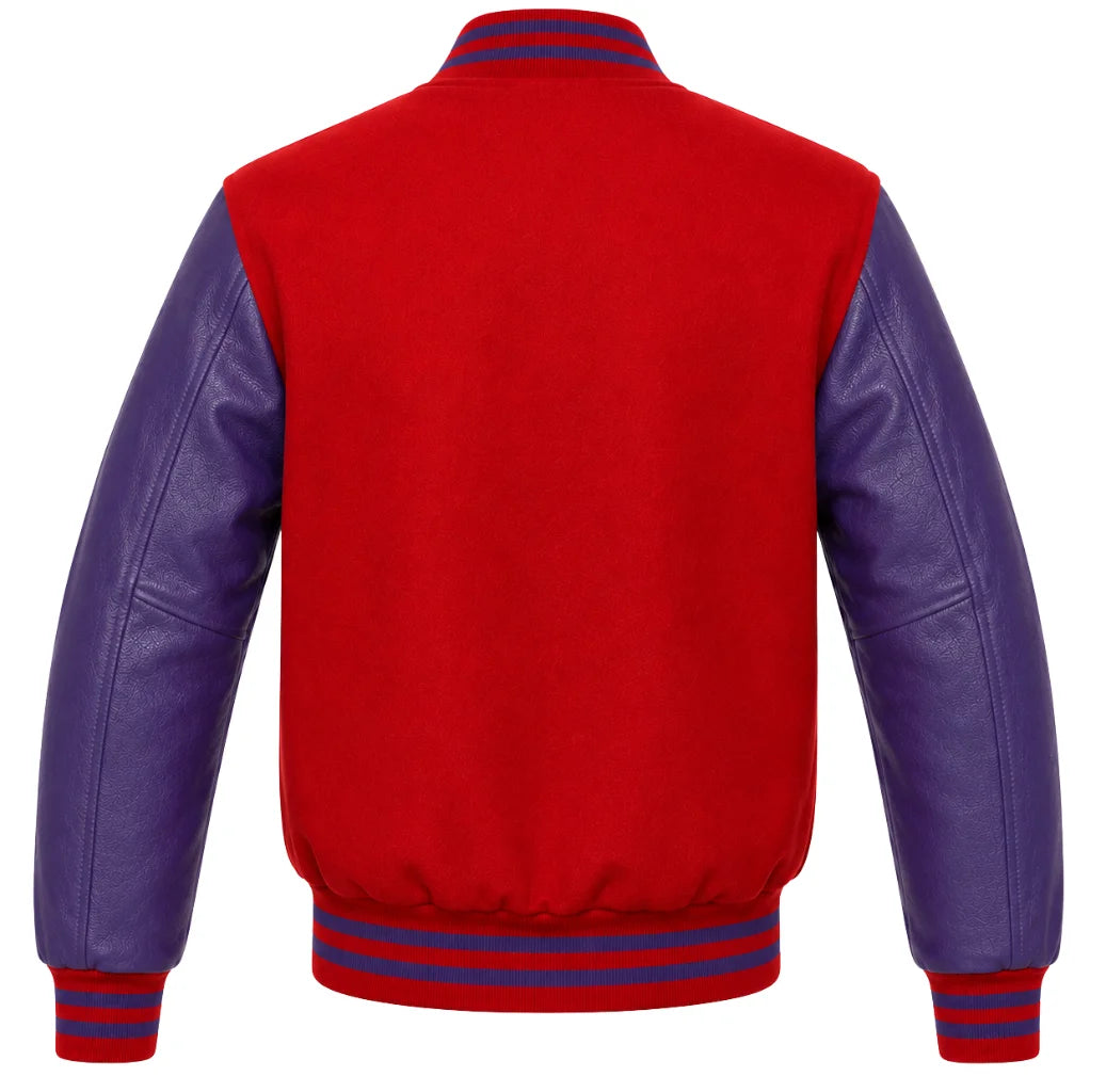 Red wool letterman jacket with purple leather sleeves, back view