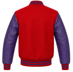 Red wool letterman jacket with purple leather sleeves, back view