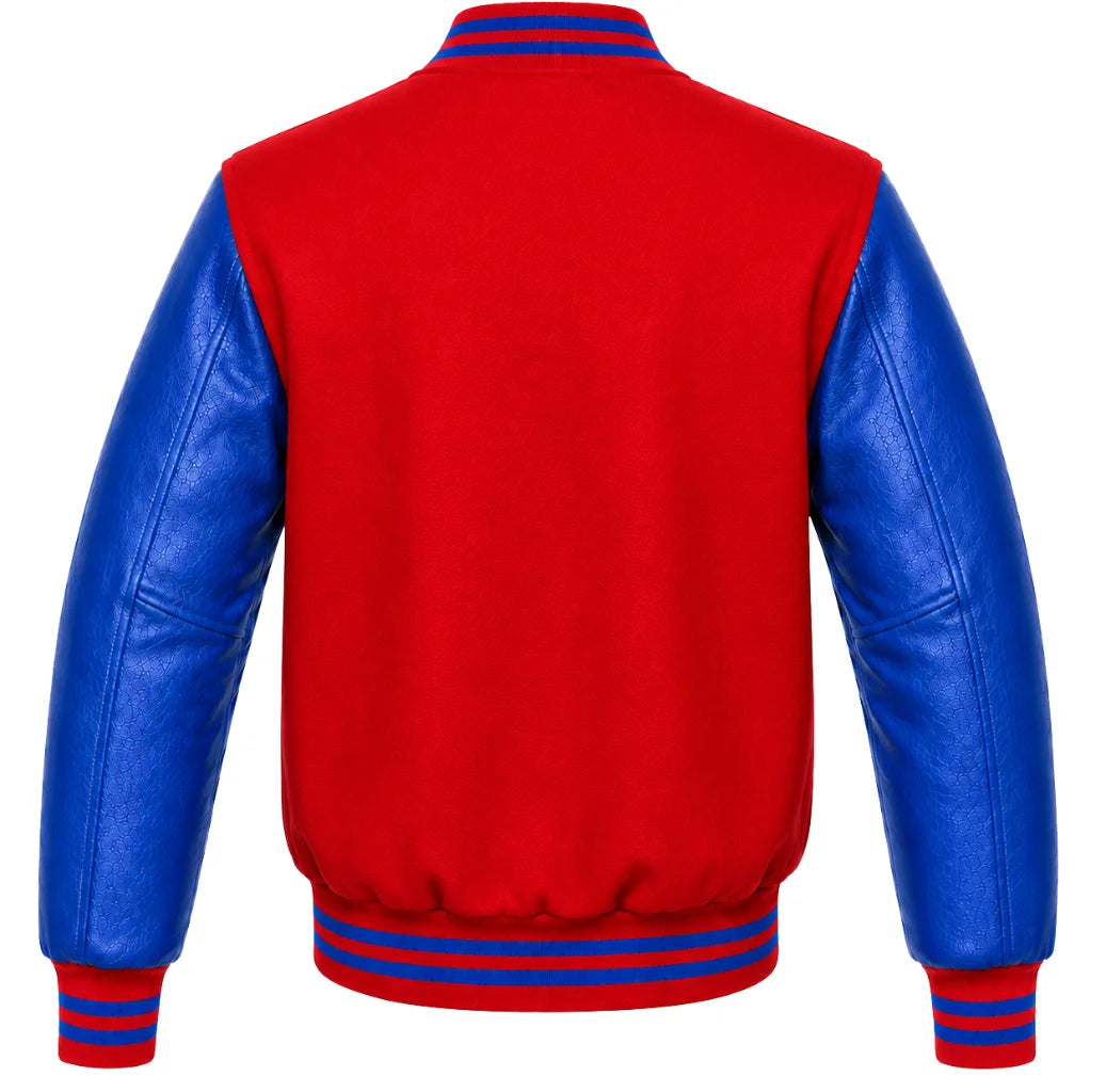 Red wool letterman jacket with royal blue cowhide sleeves, back view