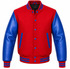 Red melton wool letterman jacket with royal blue leather sleeves, front view