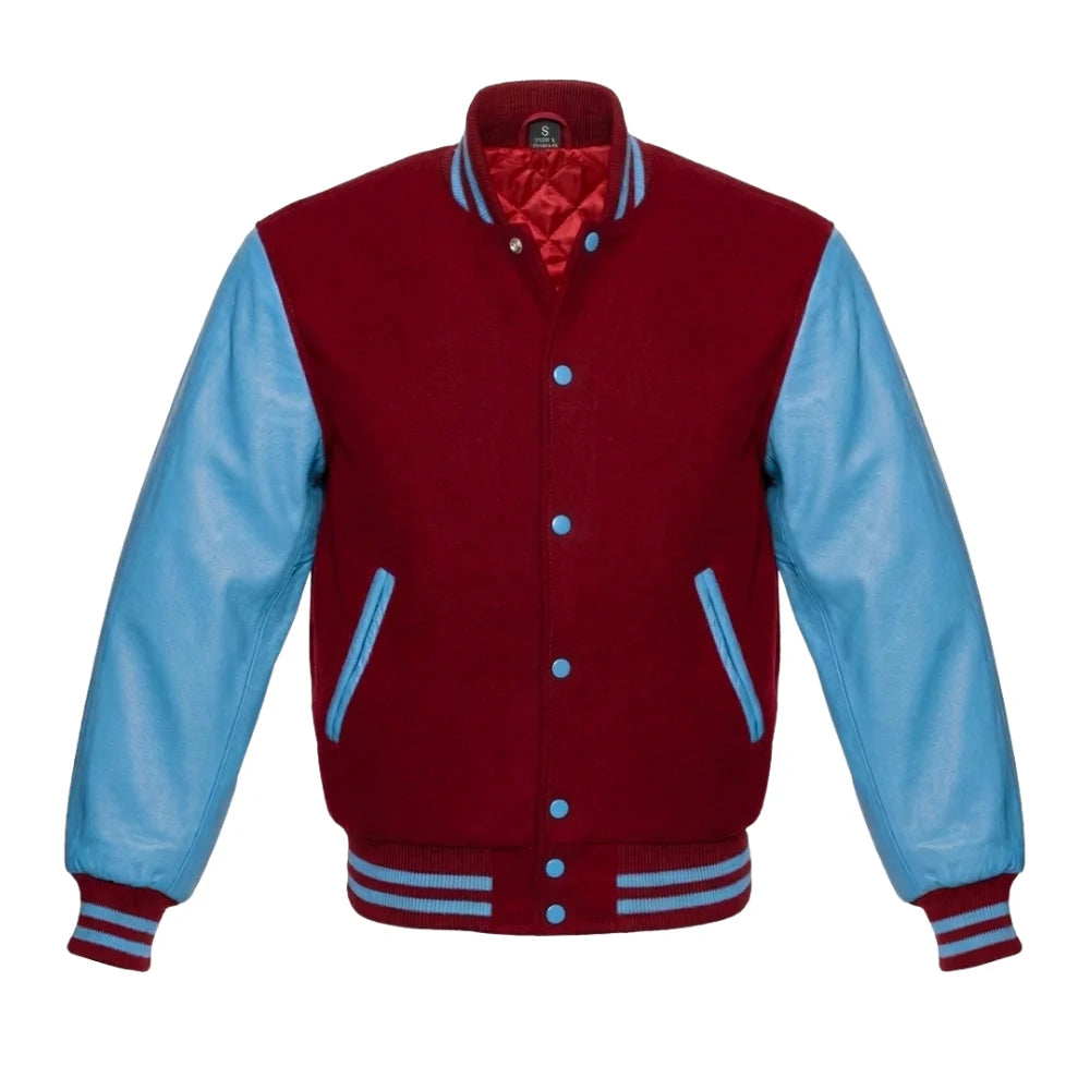 Red and Sky Blue Varsity Jacket with Wool Body and Leather Sleeves