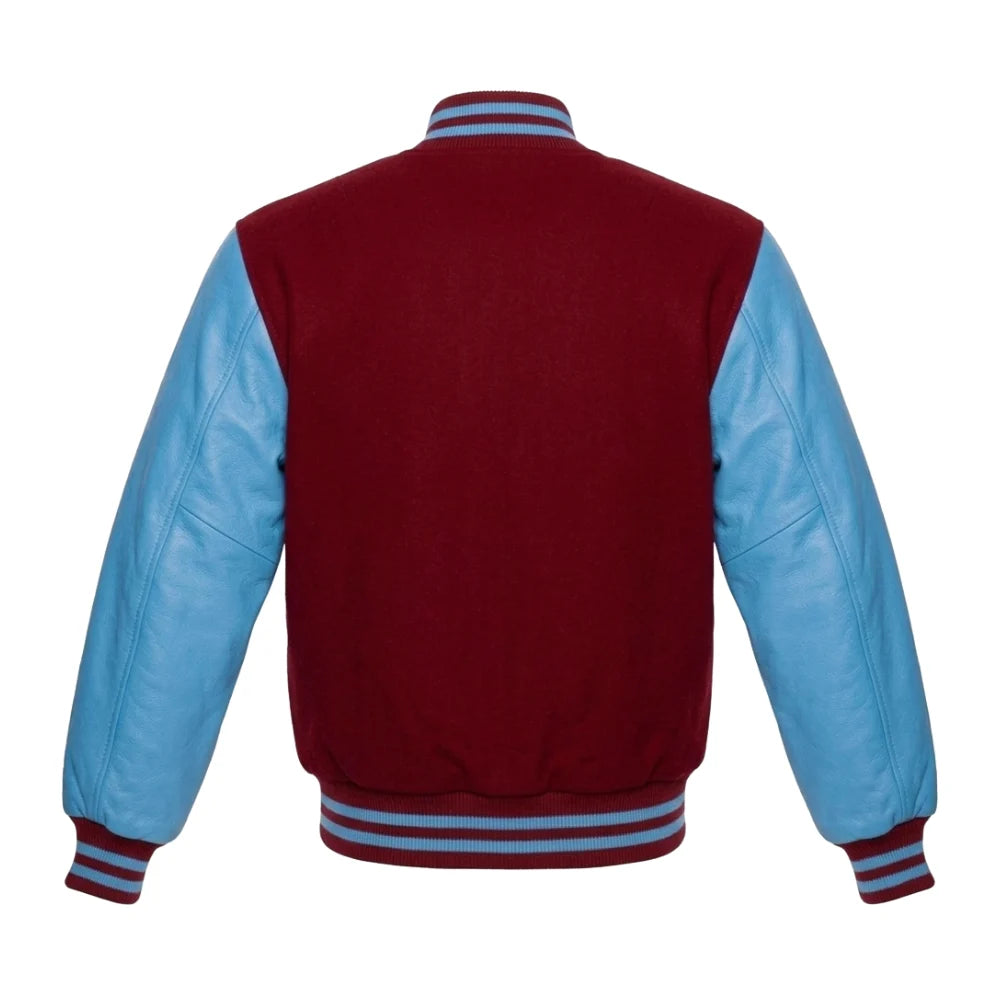 Red and Sky Blue Varsity Jacket with Wool Body and Leather Sleeves Back Side