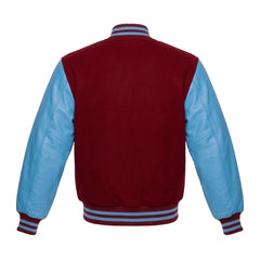 Red and Sky Blue Varsity Jacket with Wool Body and Leather Sleeves Back Side