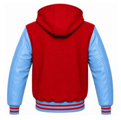 Red and Sky Blue Varsity Jacket with Hood