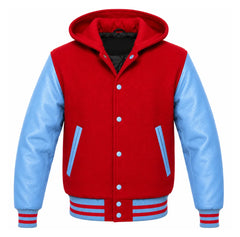 Red and Sky Blue Varsity Jacket with Hood