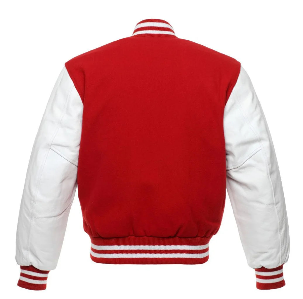 Red and White Varsity Jacket with Wool Body and Leather Sleeves Back View
