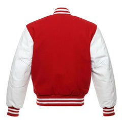 Red and White Varsity Jacket with Wool Body and Leather Sleeves Back View