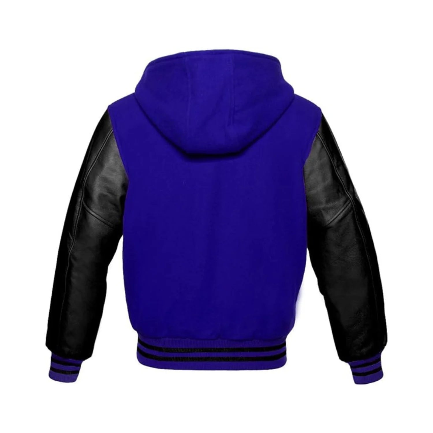 Royal Blue Wool and Black Leather Hooded Varsity Jacket Back Side