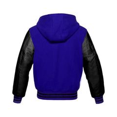 Royal Blue Wool and Black Leather Hooded Varsity Jacket Back Side