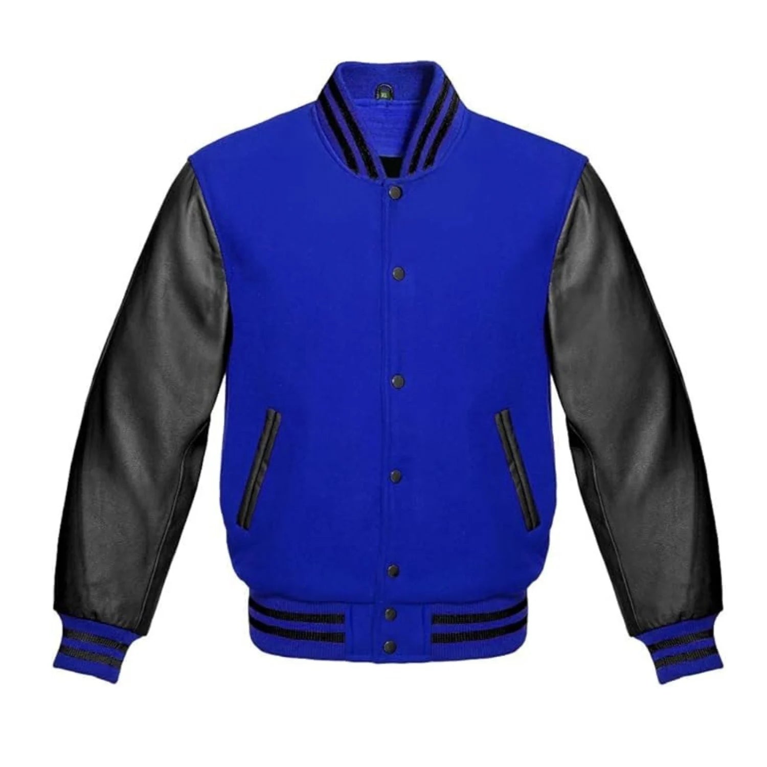 Royal Blue Wool and Black Leather Varsity Jacket