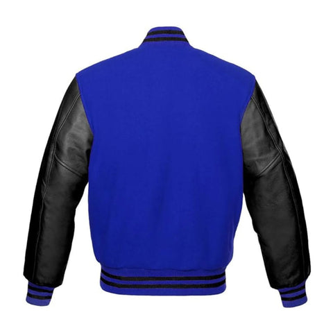 Royal Blue Wool and Black Leather Varsity Jacket Back Side