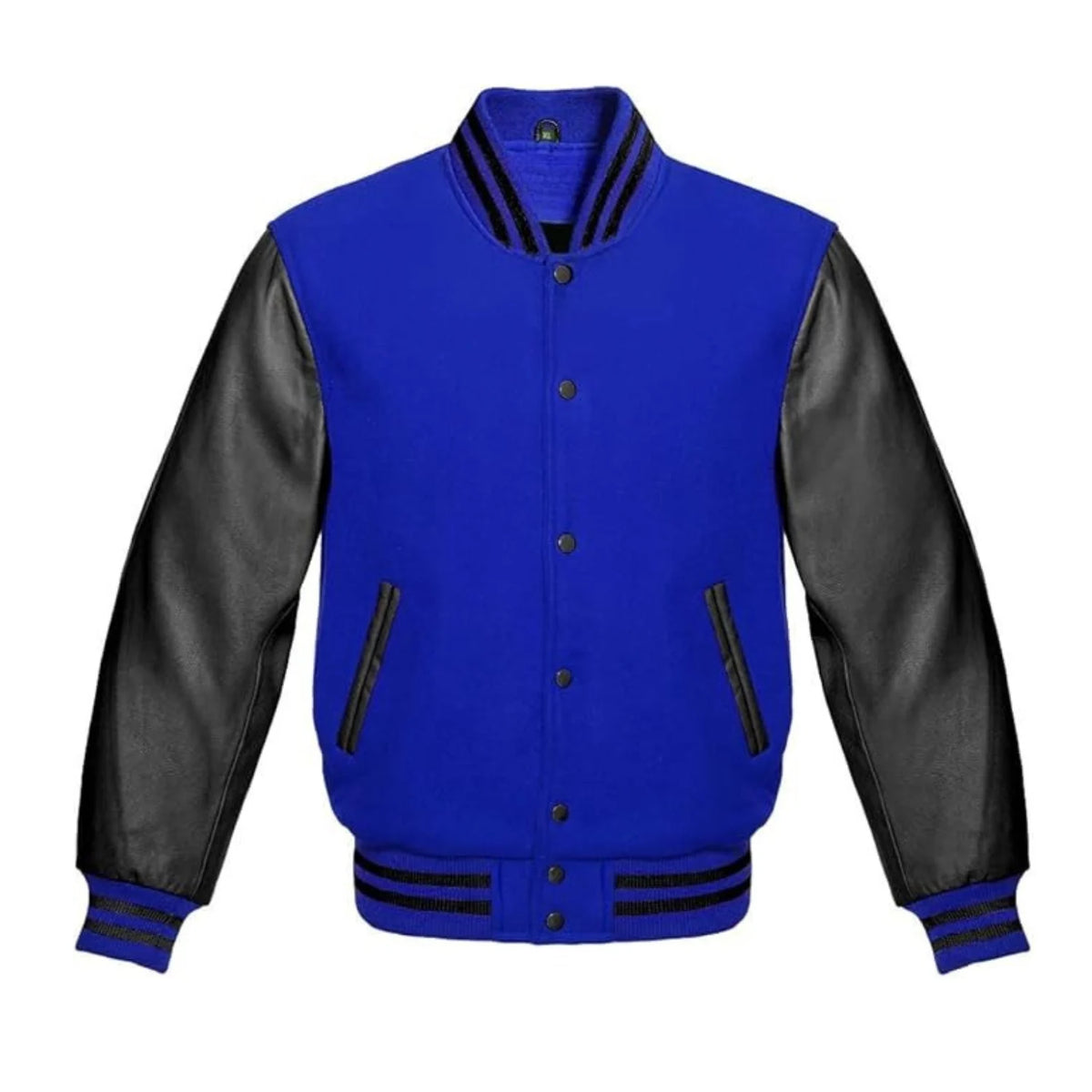 Royal Blue Wool and Black Leather Varsity Jacket