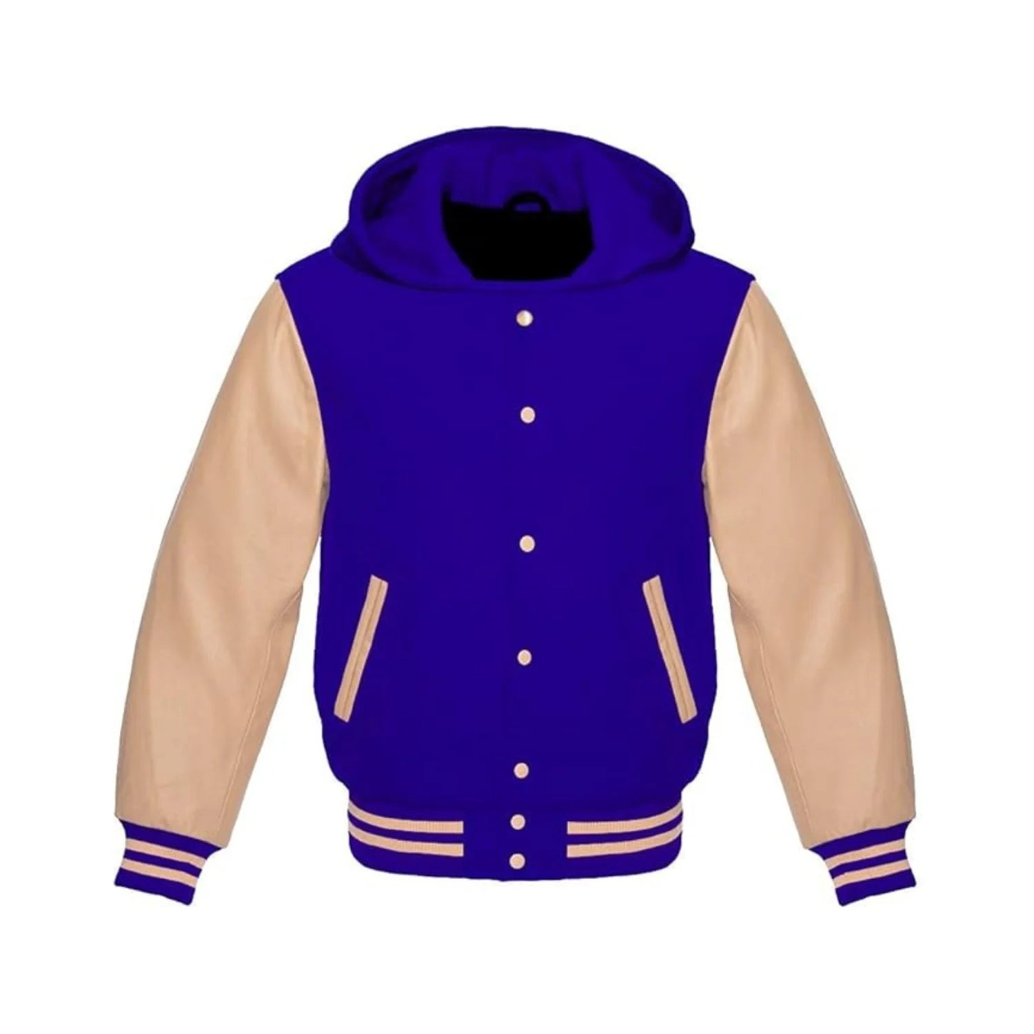 Royal Blue Wool and Cream Leather Hooded Varsity Jacket