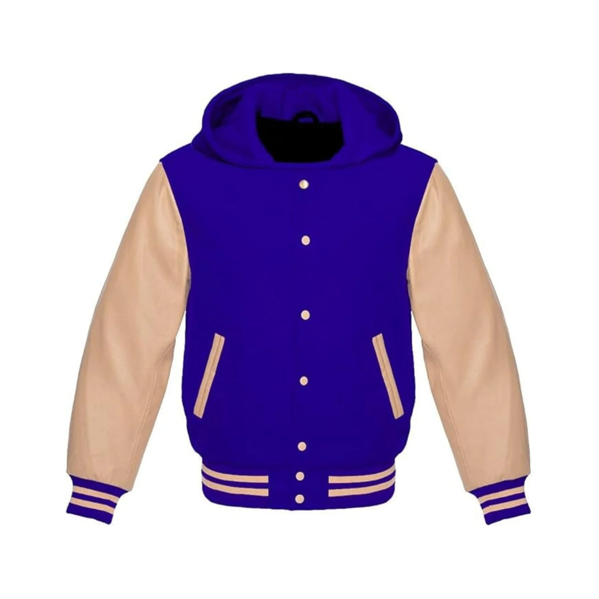 Royal Blue Wool and Cream Leather Hooded Varsity Jacket