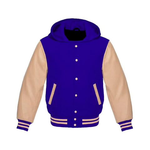 Royal Blue Wool and Cream Leather Hooded Varsity Jacket