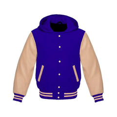 Royal Blue Wool and Cream Leather Hooded Varsity Jacket