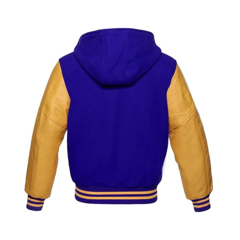 Royal Blue Wool and Gold Leather Hooded Varsity Jacket Back Side