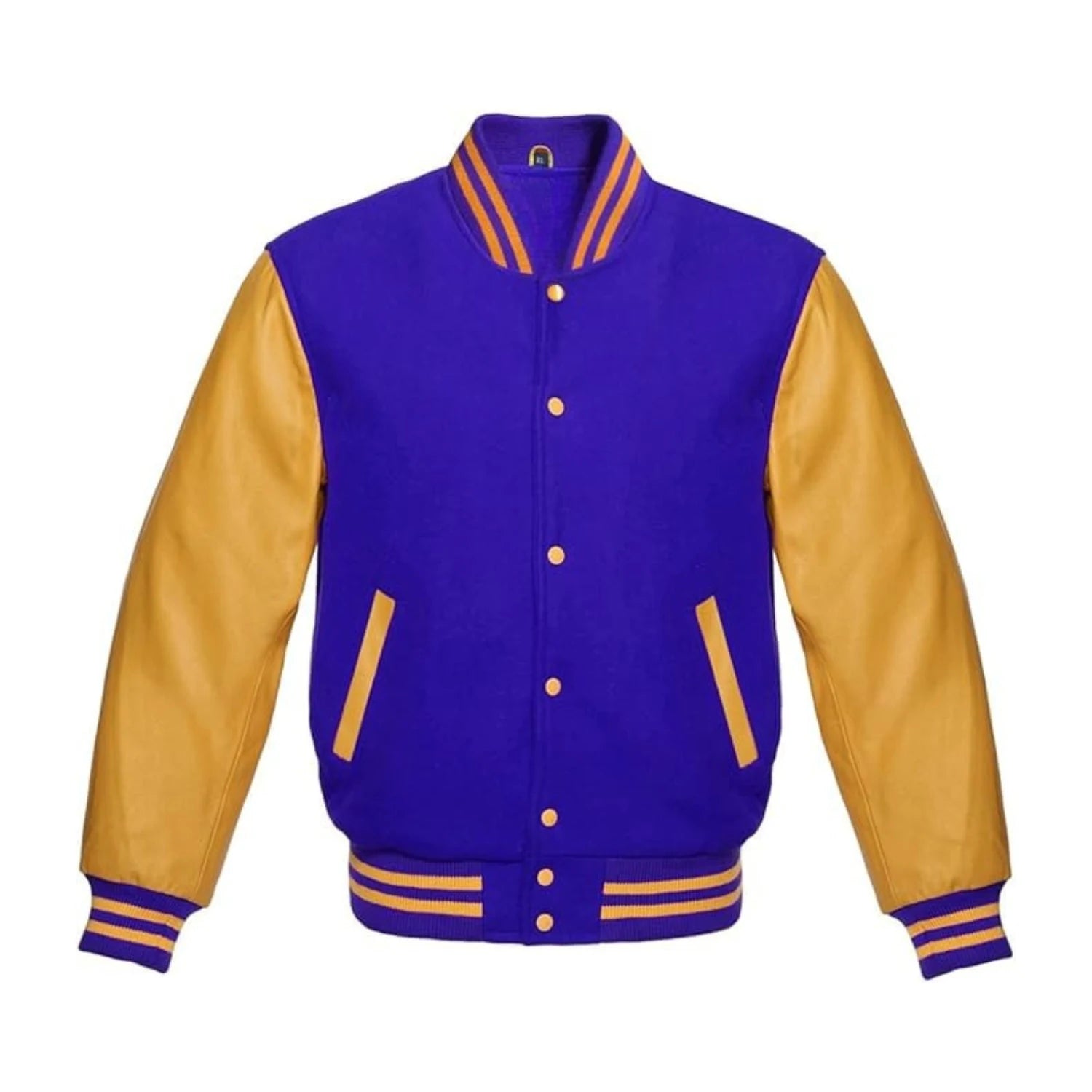 Royal Blue Wool and Gold Leather Varsity Jacket