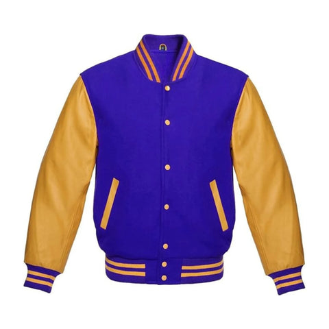 Royal Blue Wool and Gold Leather Varsity Jacket