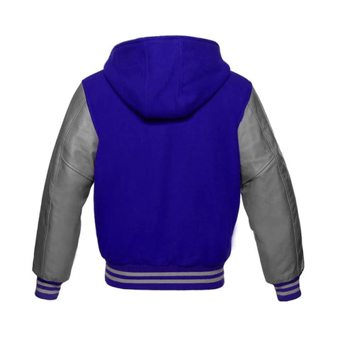 Royal Blue Wool and Grey Leather Hooded Varsity Jacket Back Side