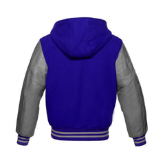 Royal Blue Wool and Grey Leather Hooded Varsity Jacket Back Side