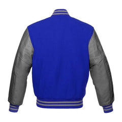 Royal Blue and Grey Varsity Jacket with Wool Body and Leather Sleeves Back Side