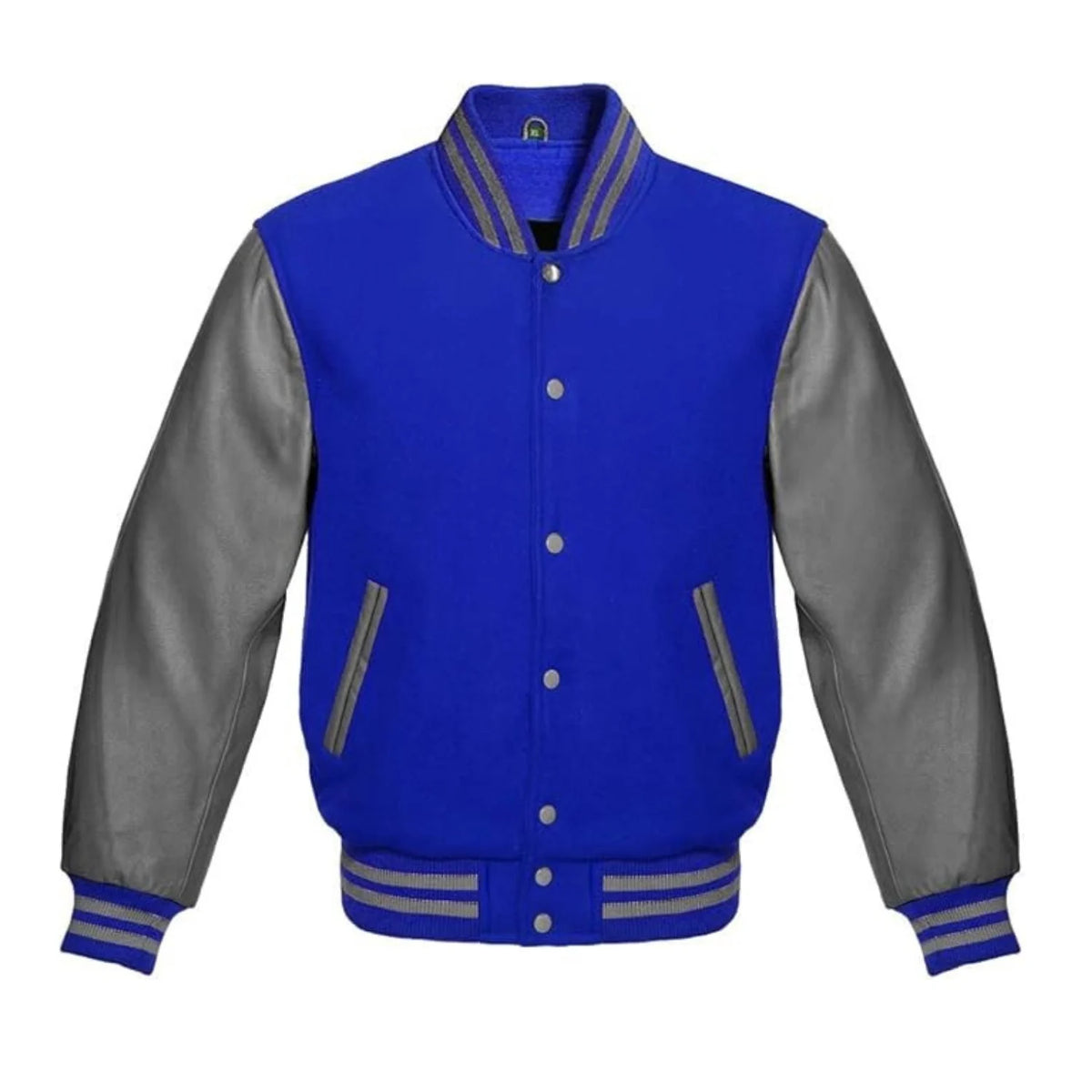 Royal Blue Wool and Grey Leather Varsity Jacket