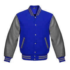 Royal Blue and Grey Varsity Jacket with Wool Body and Leather Sleeves