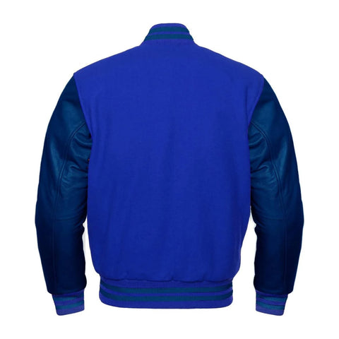 Royal Blue Wool and Navy Leather Varsity Jacket Back Side