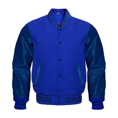 Royal Blue Wool and Navy Leather Varsity Jacket