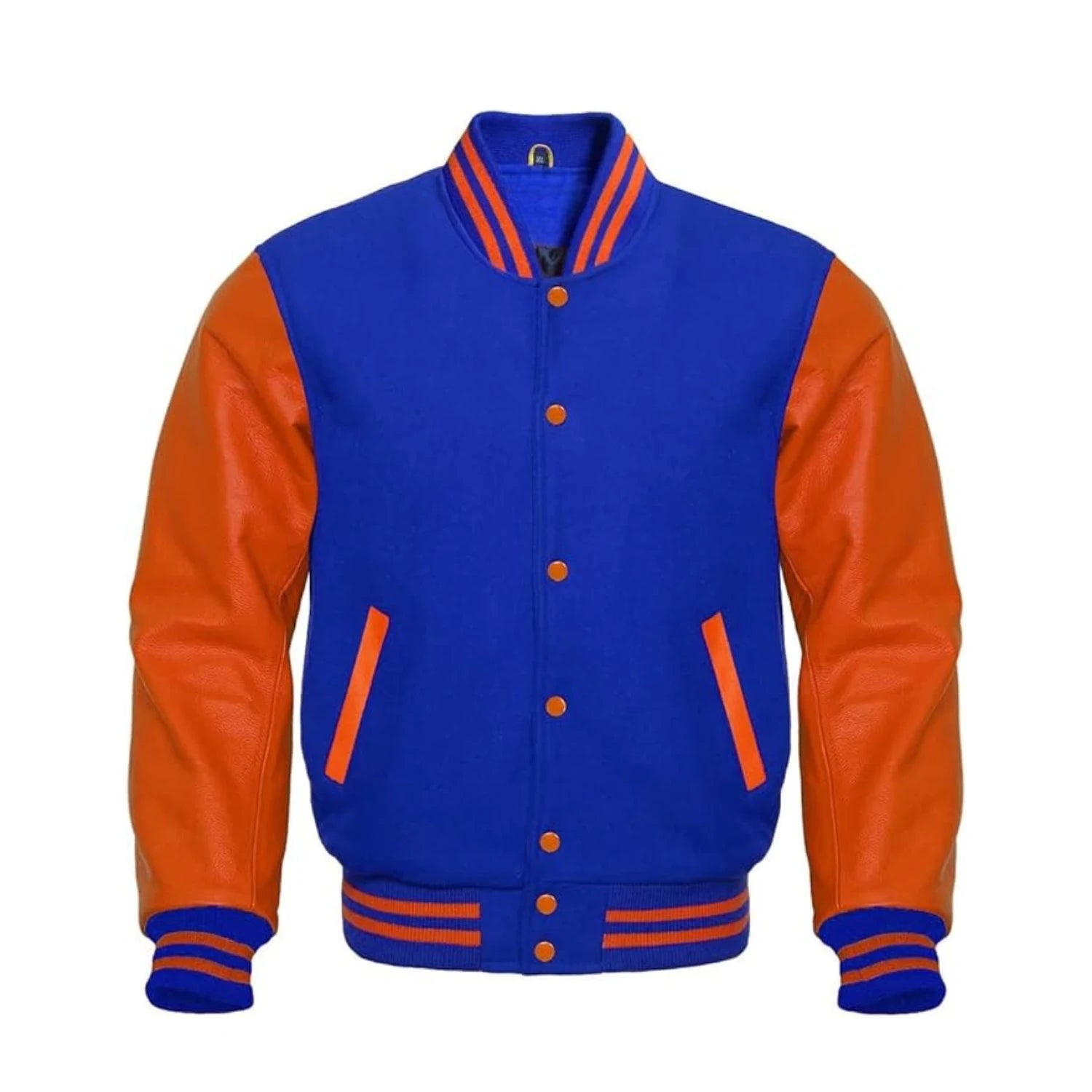 Royal Blue Wool and Orange Leather Varsity Jacket
