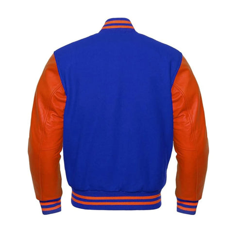 Royal Blue Wool and Orange Leather Varsity Jacket Back Side