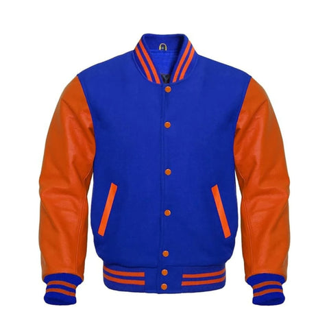 Royal Blue Wool and Orange Leather Varsity Jacket
