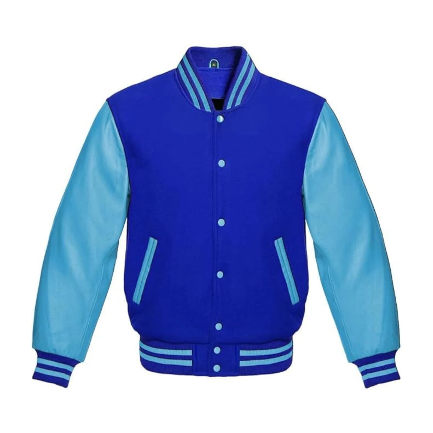 Royal Blue Wool and Sky Leather Varsity Jacket