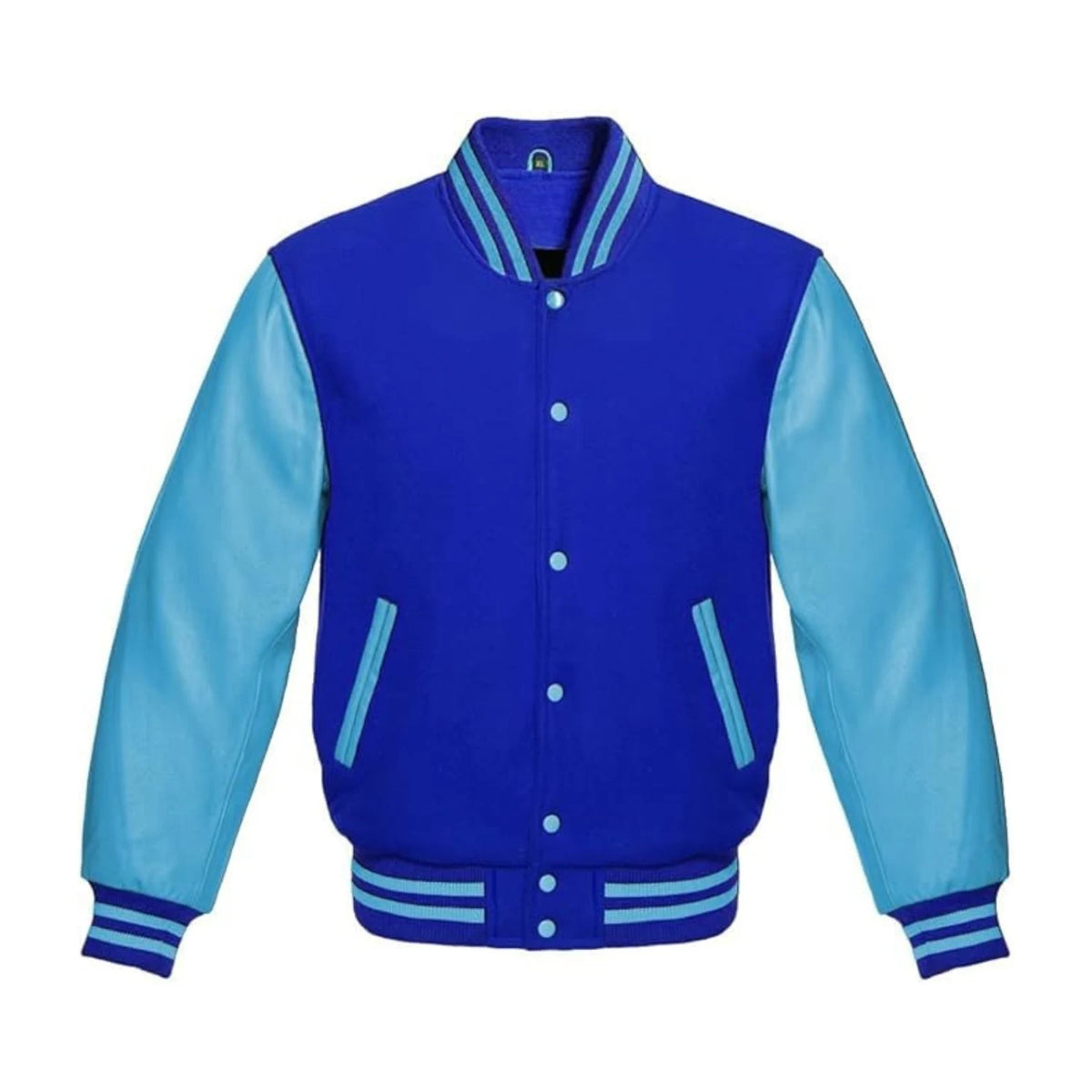 Royal Blue Wool and Sky Leather Varsity Jacket