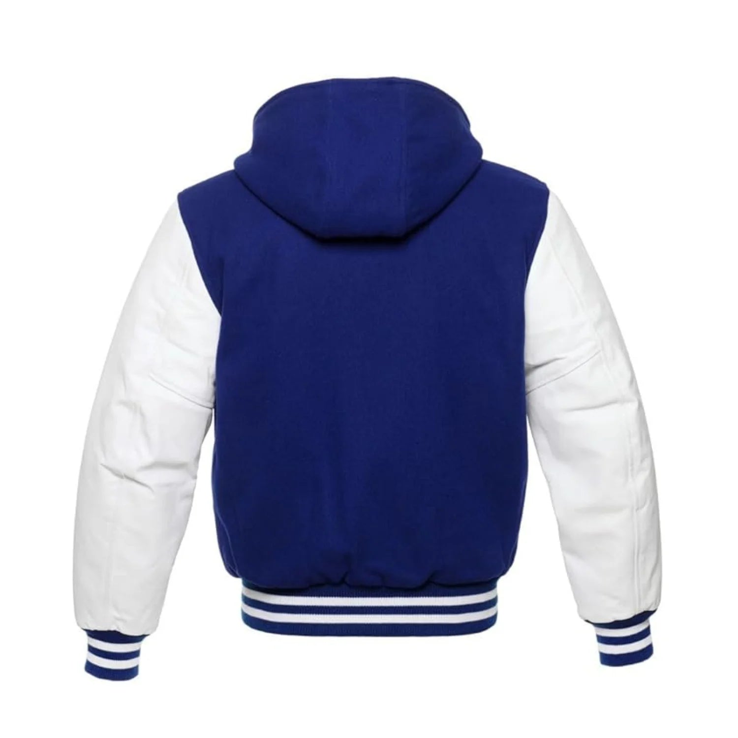 Royal Blue Wool and White Leather Hooded Varsity Jacket Back Side