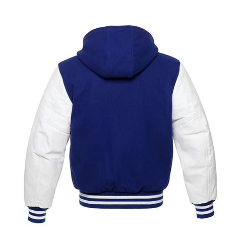 Royal Blue Wool and White Leather Hooded Varsity Jacket Back Side