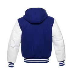 Royal Blue Wool and White Leather Hooded Varsity Jacket Back Side