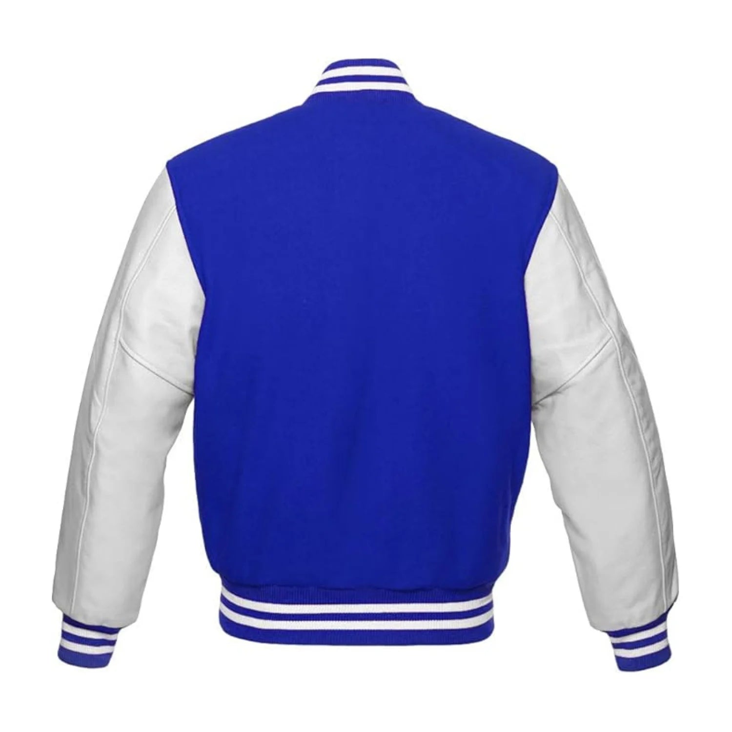 Royal Blue Wool and White Leather Varsity Jacket Back Side