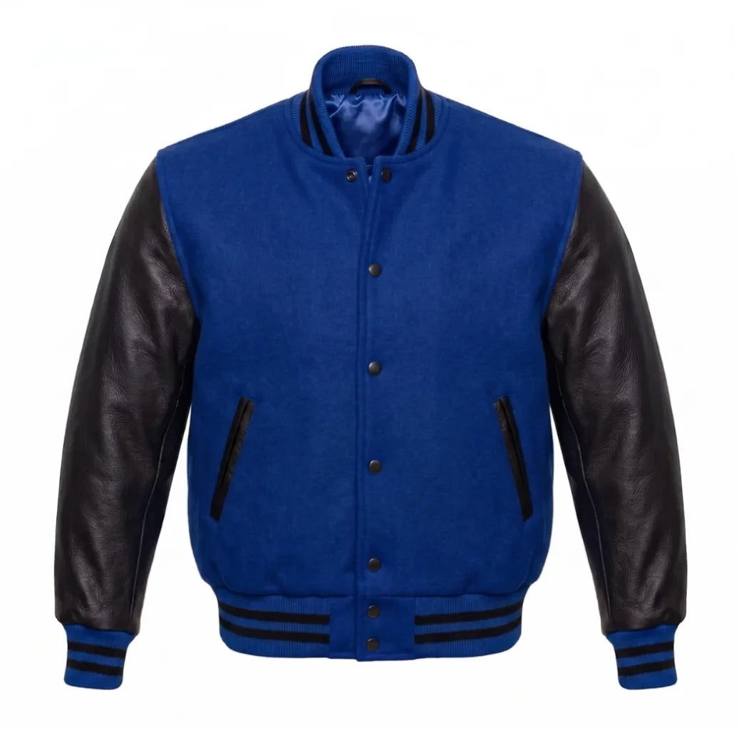 Royal Blue and Black Varsity Jacket with Wool Body and Leather Sleeves
